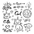 UNICORN CAT Hand Drawn Sketch Doodle Lettering Vector Set