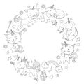 Unicorn frame. Cats, dog, horse, pony. Vector image. Coloring page for children book. Kindergarten background for