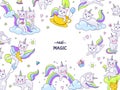 Unicorn cats stickers. Border of funny animal characters, doodle kittens on rainbows and clouds with kawaii faces