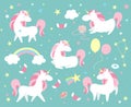 Unicorn character set. Cute magic collection with unicorn, rainbow, heart , fairy wings and balloon. Catroon style vector Royalty Free Stock Photo