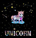 Unicorn chibi isolated on the black sky with asterisms, stars and colorful word unicorn