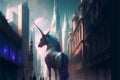 Unicorn in the city. 3D illustration. Fantasy. Royalty Free Stock Photo
