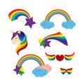 Unicorn with closed eyes rainbows, stars. Heart with rainbow colored wings. Butterfly Royalty Free Stock Photo