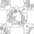 Unicorn, clouds, stars, hand drawn vector linen black and white illustration Royalty Free Stock Photo