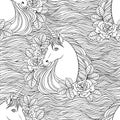Unicorn, clouds, stars, hand drawn vector linen black and white illustration Royalty Free Stock Photo