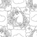 Unicorn, clouds, stars, hand drawn vector linen black and white illustration Royalty Free Stock Photo