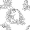 Unicorn, clouds, stars, hand drawn vector linen black and white illustration Royalty Free Stock Photo