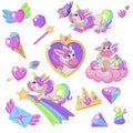 Unicorn collection. Pink little unicorns girly badge graphic. Heart and ice cream, diamond and crown, butterfly and