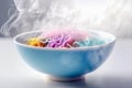 Unicorn colorful pasta with steam on light background