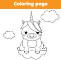 Unicorn coloring page. Educational children game. Drawing kids printable activity.