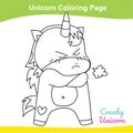 Unicorn coloring worksheet page. Coloring cranky unicorn worksheet page. Educational printable coloring worksheet.