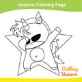 Unicorn coloring worksheet page. Coloring dabbing unicorn worksheet page. Educational printable coloring worksheet.