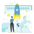 Unicorn company or unicorn startup, rocket launch, venture capital industry, vector illustration.