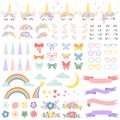 Unicorn constructor. Pony mane styling bundle, unicorns horn and party star glasses. Flowers, magic rainbow and head bows vector