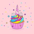 Unicorn cupcake design. Happy birthday card for a child. Festive girls banner design. Vector