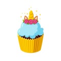 Unicorn cupcake with light blue icing. Fairy cake with horn. Vector illustration in cute cartoon style Royalty Free Stock Photo