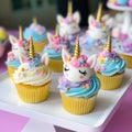 Unicorn cupcakes with buttercream icing on wooden background. generated ai