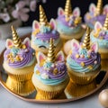 Unicorn cupcakes with buttercream icing on wooden background. generated ai
