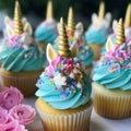 Unicorn cupcakes with buttercream icing on wooden background. generated ai