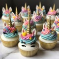 Unicorn cupcakes with buttercream icing on wooden background. generated ai