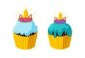 Unicorn cupcakes with shiny icing. Fairy cakes in paper cup. Tasty desserts with horn. Vector illustration