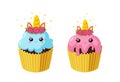 Unicorn cupcakes with icing. Kawaii fairy cakes in paper cup. Tasty desserts with horn and eyes. Vector illustration in