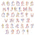 Unicorn Cute Alphabet Letter Characters and Numbers with Smiling Face and Horns Vector Set