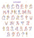 Unicorn Cute Alphabet Letter Characters and Numbers with Smiling Face and Horns Vector Set