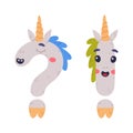 Unicorn Cute Interrogation and Exclamation Mark with Smiling Face and Twisted Horn Vector Set