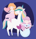 Unicorn and cute mermaids with heart love adorable cartoon