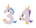 Unicorn Cute Number Three and Four with Smiling Face and Twisted Horn Vector Set