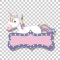 Unicorn with cute pastel blank banner isolated on transparent background