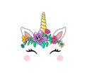 Unicorn cute vector illustration isolated on white background. Fashion girl patch with horse head, horn, ears, eyes and Royalty Free Stock Photo
