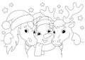 Unicorn, deer and snowman for christmas. Coloring book page for kids. Cartoon style character. Vector illustration isolated on