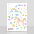 Unicorn design set with clouds and rainbow