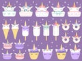 Unicorn desserts. Unicorns macaron, delicious bakery cake funny chocolate cupcake and donut. Rainbow ice cream and cupcakes vector