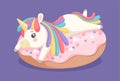 Unicorn on donut. Sweet dessert, cafe bar coffee shop or bakery poster. Baby print with fantastic animal and cake vector