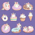 Unicorn donuts. Cute face and characters of magic rose little pony unicorn with cakes donuts ice cream vector dessert Royalty Free Stock Photo