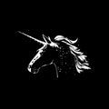 Unicorn dotwork tattoo with dots shading, depth illusion, tippling tattoo. Hand drawing white emblem on black background Royalty Free Stock Photo