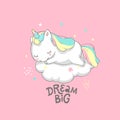 Unicorn Dream Big Fairy Poster Vector Template. Magic Inspirational Watercolor Print Template with Little Horn Pony