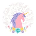 Unicorn dream flat on round background with butterfly