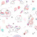 Unicorn dreams seamless pattern, magic background with clouds, rainbow, and stars.