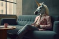 A unicorn dressed in casual clothes waiting for interview , created with Generative AI technology