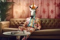 A unicorn dressed in casual clothes waiting for interview , created with Generative AI technology