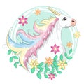 Unicorn face. Beautiful pony unicorns faces, magic horn in rainbow flower wreath and pony cute eyelashes head, fairytale rainbow