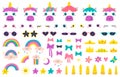 Unicorn faces. Cute fairytale unicorn face constructor, unicorn horns, hairstyle, glasses and bows. Pony unicorn face