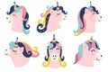 Cute unicorn heads collection. Magic horse character set for kids Royalty Free Stock Photo