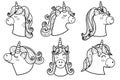 Cute unicorn heads outline collection. Magic horse characters black and white set Royalty Free Stock Photo