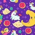 Unicorn Fairy doughnut cupcake fantasy doodle Kawaii cartoons Seamless pattern with vivid pastel tone