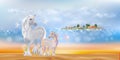 Unicorn family walking on sand beach cute little fairies flying in the morning Tropical sea with blue ocean coconut palm tree on Royalty Free Stock Photo